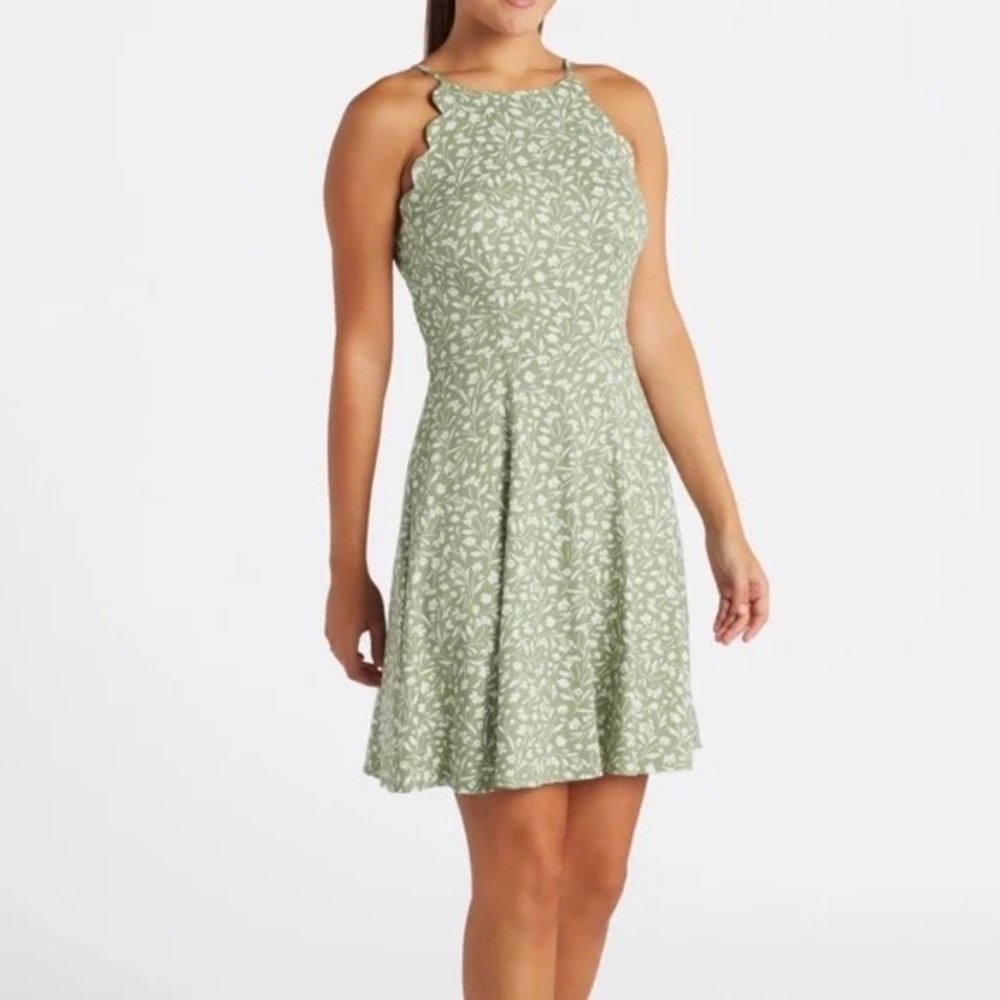 Green Floral Halter Mini Dress w/scallop detail, spaghetti straps & A-line skirt